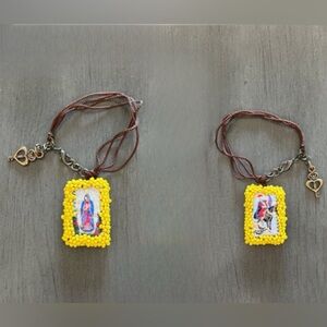 Our Lady Guadalupe St Martin Tours Metal Heart Charm Yellow Seed Bead Bracelet